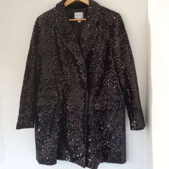 NINE WEST Sz XL Black Sequins Blazer 36" Mini Dress LS Collar Glitzy NYE EUC - Picture 15 of 16